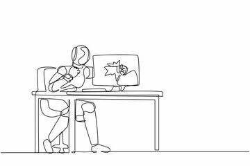 Poster - Single one line drawing angry robot breaks his laptop computer hitting it with clenched fist. Future technology. Artificial intelligence machine learning. Continuous line design vector illustration