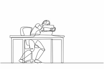 Poster - Single continuous line drawing robot sitting and hugging laptop at office. Modern robotic artificial intelligence. Electronic technology industry-. Dynamic one line graphic design vector illustration