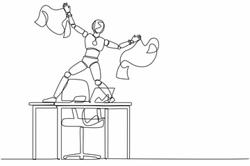 Poster - Single one line drawing happy robot dancing on desk celebrating win with throwing papers. Future technology. Artificial intelligence machine learning. Continuous line draw design vector illustration