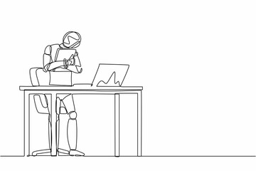 Poster - Continuous one line drawing robot standing and hugging laptop at office. Humanoid robot cybernetic organism. Future robotics development concept. Single line draw design vector graphic illustration