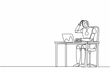 Poster - Single one line drawing confused robot manager working on computer laptop. Future technology development. Artificial intelligence and machine learning. Continuous line draw design vector illustration