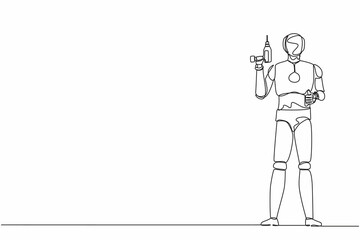 Poster - Continuous one line drawing robot worker holding electric drill tool for repair. Humanoid robot cybernetic organism. Future robotics development. Single line draw design vector graphic illustration