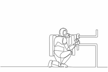Poster - continuous one line drawing robot plumber repairing and installation of batteries heater radiator. h