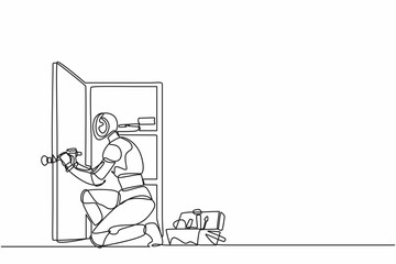 Poster - continuous one line drawing robot carpenter is assembling of wardrobe or cabinet with shelves. human