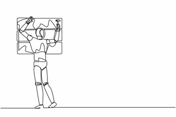 Poster - Single continuous line drawing robot professional worker hammering. Nail in wood. Modern robotic artificial intelligence. Electronic technology industry. One line graphic design vector illustration