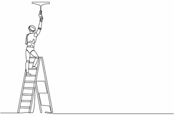 Poster - single one line drawing robot worker electrician on ladder change light bulb. future technology deve