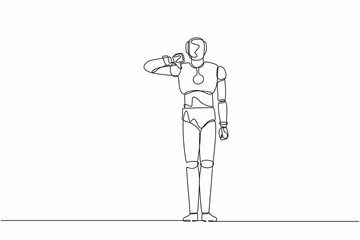Poster - Single continuous line drawing robot showing thumbs down sign gesture. Dislike, disagree, disappointment, disapprove, no deal. Robotic artificial intelligence. One line draw design vector illustration