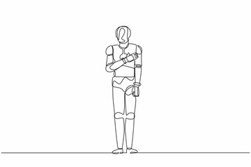 Poster - Single one line drawing robot keeping hands on chest. Smiling friendly robot expressing gratitude. Artificial intelligence and machine learning processes. Continuous line design vector illustration