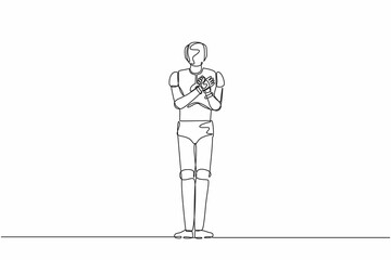 Poster - Single continuous line drawing robot keeping hands on chest. Robot suffering from chest pain or heart attack. Robotic artificial intelligence. Dynamic one line draw graphic design vector illustration