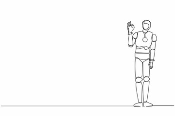 Poster - Continuous one line drawing robot gesturing ok sign with fingers. Okay sign gesture. Humanoid robot cybernetic organism. Future robotic development. Single line draw design vector graphic illustration