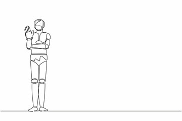 Poster - Single one line drawing robot showing palm as stop sign, stay, hold or rejection gesture. Future technology. Artificial intelligence machine learning. Continuous line draw design vector illustration