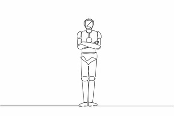 Poster - Single one line drawing robot standing with folded arms pose. Future technology development. Artificial intelligence and machine learning processes. Continuous line design graphic vector illustration