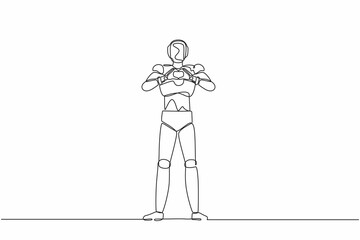 Poster - Single one line drawing robot making or gesturing heart symbol with fingers in front of chest. Future technology. Artificial intelligence machine learning. Continuous line design vector illustration