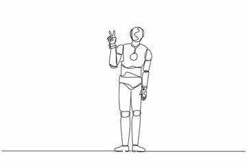 Poster - Single continuous line drawing robot showing victory sign, gesture success. Robot doing victory sign. Robotic artificial intelligence. Electronic technology. One line draw design vector illustration