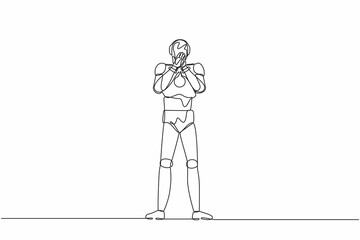 Poster - Single one line drawing robot covering mouth with hands, shocked with shame for mistake. Future technology development. Artificial intelligence and machine learning. Continuous line draw design vector