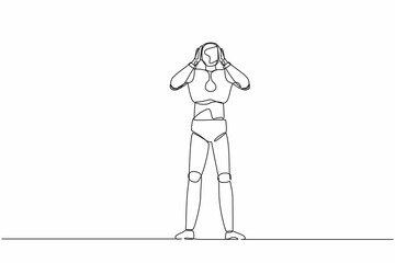 Poster - Continuous one line drawing robot covering or closing his ears with hands, making don't hear or listen gesture. Robot cybernetic organism. Future robotic. Single line draw design vector illustration