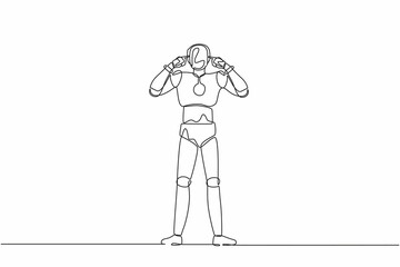 Poster - Single one line drawing robot covering ears with fingers with annoyed expression for noise of loud sound or music. Future technology development. Continuous line design graphic vector illustration