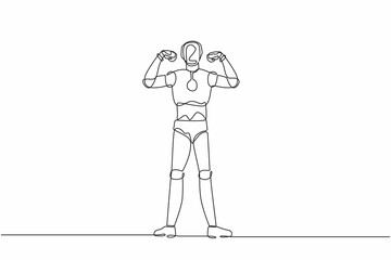 Poster - Continuous one line drawing robot with gestures two hand fist up. Strong humanoid robot cybernetic organism. Future robotic development concept. Single line draw design vector graphic illustration