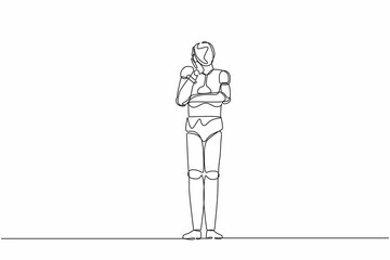 Poster - Single continuous line drawing robot bored or tired keeping hand on cheek. Robot suffering from toothache. Modern robotic artificial intelligence. One line draw graphic design vector illustration