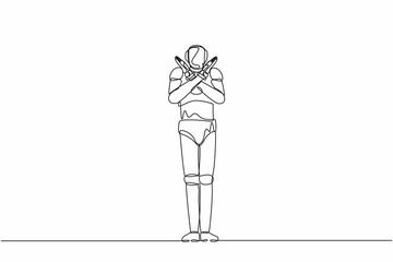 Poster - Single one line drawing robot crossing arms and saying no gesture. Robot making X shape, stop sign with hands. Future technology development. Continuous line draw design graphic vector illustration