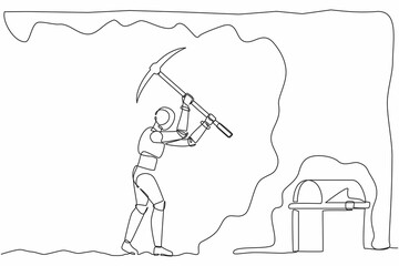 Poster - Single one line drawing robot digging with pickaxe looking for hidden treasures. Future technology. Artificial intelligence machine learning. Continuous line draw design graphic vector illustration