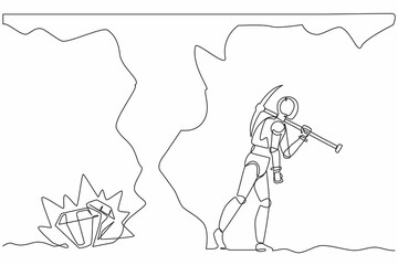 Poster - Single continuous line drawing robot gives up digging not knowing diamond is almost revealed. Robotic artificial intelligence. Electronic technology industry. One line draw design vector illustration