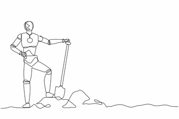 Poster - Single continuous line drawing happy robot standing near digging hole after work. Robotic artificial intelligence. Electronic technology industry. One line draw graphic design vector illustration