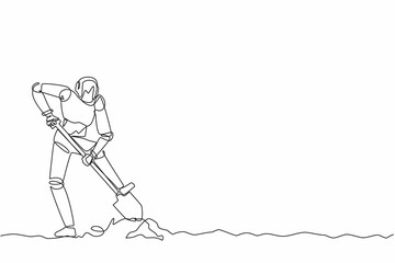 Poster - Continuous one line drawing robot step on shovel and digging in dirt to find chest treasure. Humanoid robot cybernetic organism. Future robotics development. Single line design vector illustration