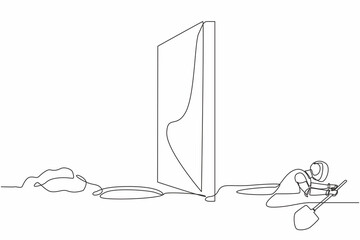 Poster - Continuous one line drawing robot digging tunnel under wall or obstacle on border or on path to success. Humanoid robot cybernetic organism. Future robotic. Single line draw design vector illustration