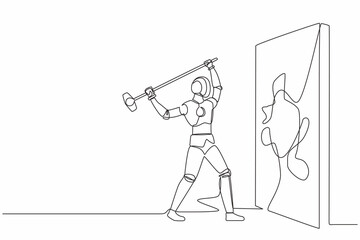 Poster - Single one line drawing robot breaks and hitting wall with hammer. Achievement way for success. Future technology. Artificial intelligence, machine learning. Continuous line design vector illustration