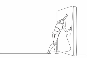 Poster - Continuous one line drawing robot pushing wall. Challenge and problem solution. Humanoid robot cybernetic organism. Future robotics development. Single line draw design vector graphic illustration