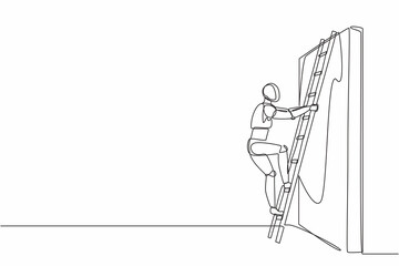 Poster - Single continuous line drawing robot climbing up the wall with ladder. Business obstacle metaphor. Robotic artificial intelligence. Electronic technology. One line graphic design vector illustration