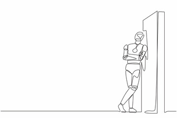 Poster - Single continuous line drawing robot standing and lean against wall, thinking something. Robotic artificial intelligence technology. Electronic technology. One line graphic design vector illustration
