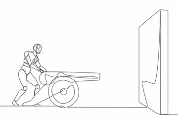 Poster - Single one line drawing robot ignites cannon in front of wall and want to destroy. Future technology. Artificial intelligence and machine learning. Continuous line graphic design vector illustration