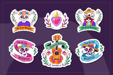 Wall Mural - Mexican Dia de los Muertos stickers. 6 stickers with traditional Mexican elements to celebrate the Day of the Dead. Isolated elements, perfect for sticker designs, online posts, party events. Set 3/3.