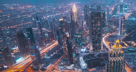 Wall Mural - Dubai, Uae, United Arab Emirates. 4k Hyperlapse View Form Viewpoint On Burj Khalifa. Lights Line Illumination. Evening To Night Transition. City Traffic Under Khalifa Tower. Night City Life. Gradual