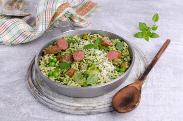 Wall Mural - Pasta with vegetables and sausages