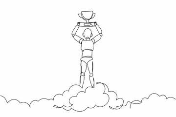 Poster - single one line drawing robot holding trophy in cloud. celebrates victory in sky. future technology 
