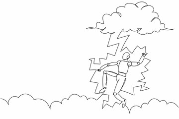 Aufkleber - Single continuous line drawing robot struck by lightning from dark cloud. Bad luck, misery, disaster. Robotic artificial intelligence. Technology industry. One line graphic design vector illustration