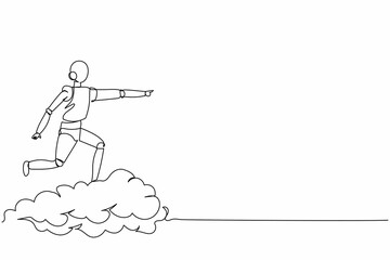 Poster - Single continuous line drawing robot riding cloud on the sky, pointing forward, go to future innovation. Robotic artificial intelligence. Electronic technology industry. One line graphic design vector