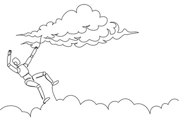 Poster - Single continuous line drawing unlucky robot falling from cloud sky. Loses business or job. Robotic artificial intelligence. Electronic technology industry. One line graphic design vector illustration