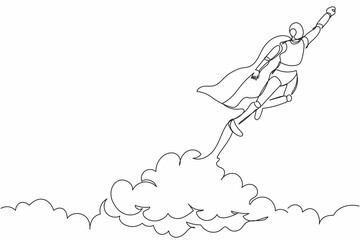 Poster - continuous one line drawing super robot in cloak flying up to cloud sky. startup business idea. huma