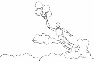 Poster - Single one line drawing robot flying with balloon air. Achieve financial independence. Future technology development. Machine learning processes. Continuous line design graphic vector illustration