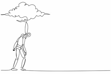 Poster - Single one line drawing robot walking under rain cloud. Loneliness in overcast weather. Future technology development. Artificial intelligence. Continuous line draw design graphic vector illustration