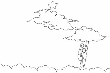 Poster - Single continuous line drawing robot climbing ladder to reach out for stars. Motivation to be success. Robotic artificial intelligence. Electronic technology. One line draw design vector illustration
