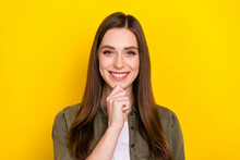 Close-up Photo Of Charming Adorable Good Mood Woman Touch Chin Brainstorming Isolated On Yellow Color Background