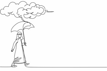 Poster - Single continuous line drawing Arabian businessman walking with umbrella under rain cloud. Depression, failed in business, passerby at rainy weather. One line draw graphic design vector illustration