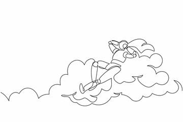 Poster - Single one line drawing happy robot relaxing laying on clouds. Future technology development. Artificial intelligence and machine learning processes. Continuous line graphic design vector illustration