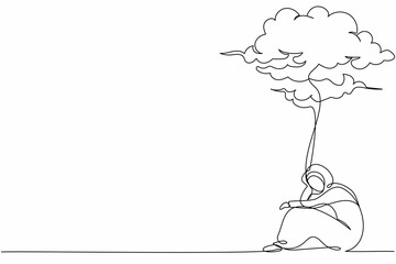 Poster - Single one line drawing unhappy Arabian businesswoman feeling sad, depression sitting under rain cloud. Depressed worker in stress with problem. Continuous line draw design graphic vector illustration