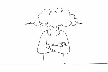 Poster - Single one line drawing Arab businessman with empty head and cloud instead. Distracted, daydreaming, absent, impractical. Thinking about idea. Continuous line draw design graphic vector illustration